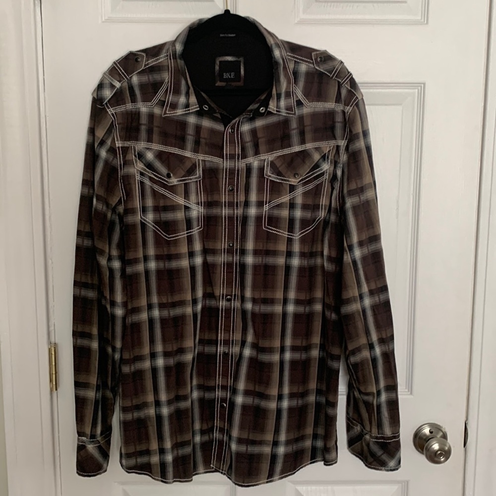 BKE Brown, Black & White Plaid Shirt Size XXL #047